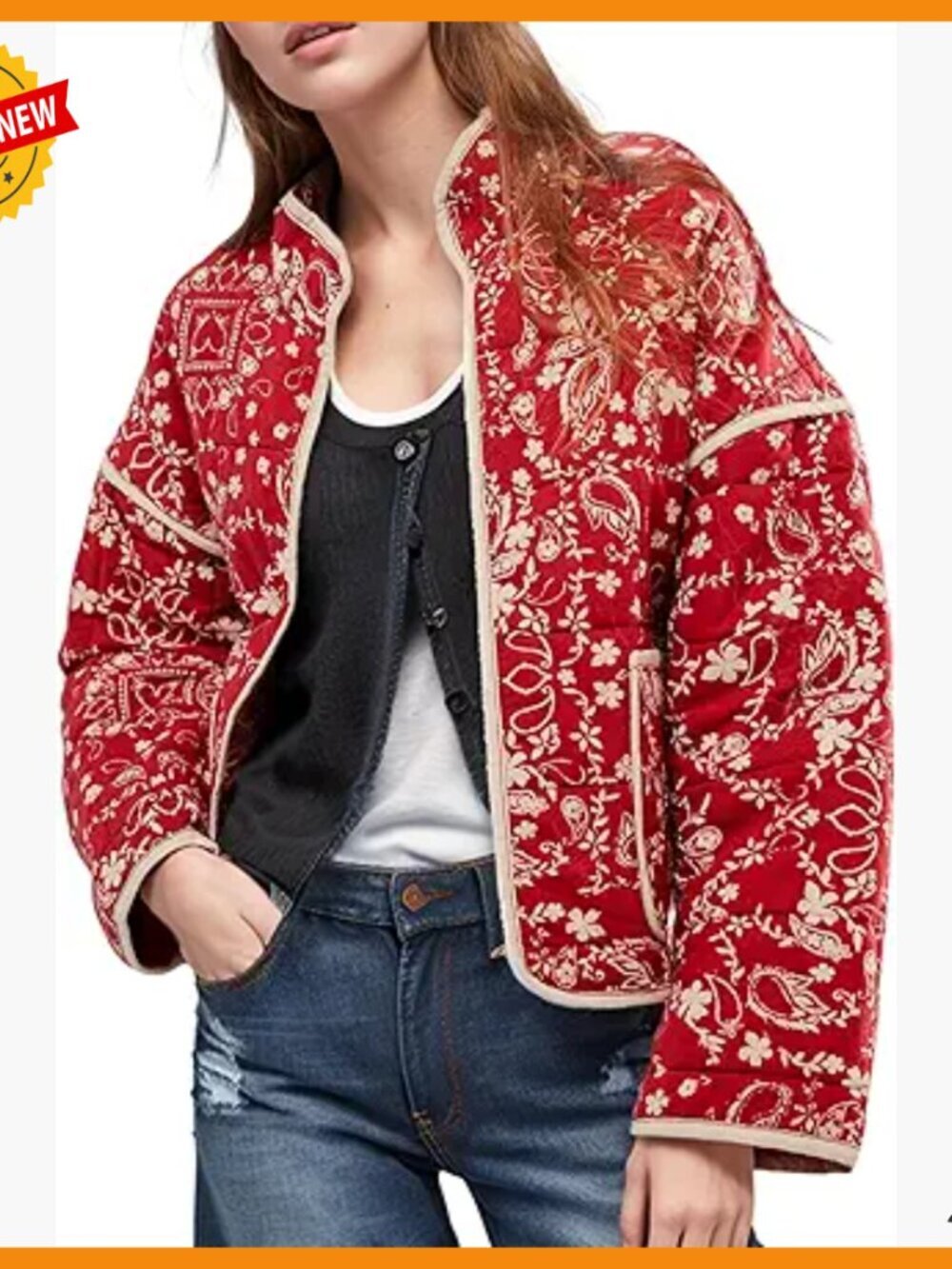 Cropped Quilted Puffer Jacket Open Front Lightweight Floral Print Loose Fit